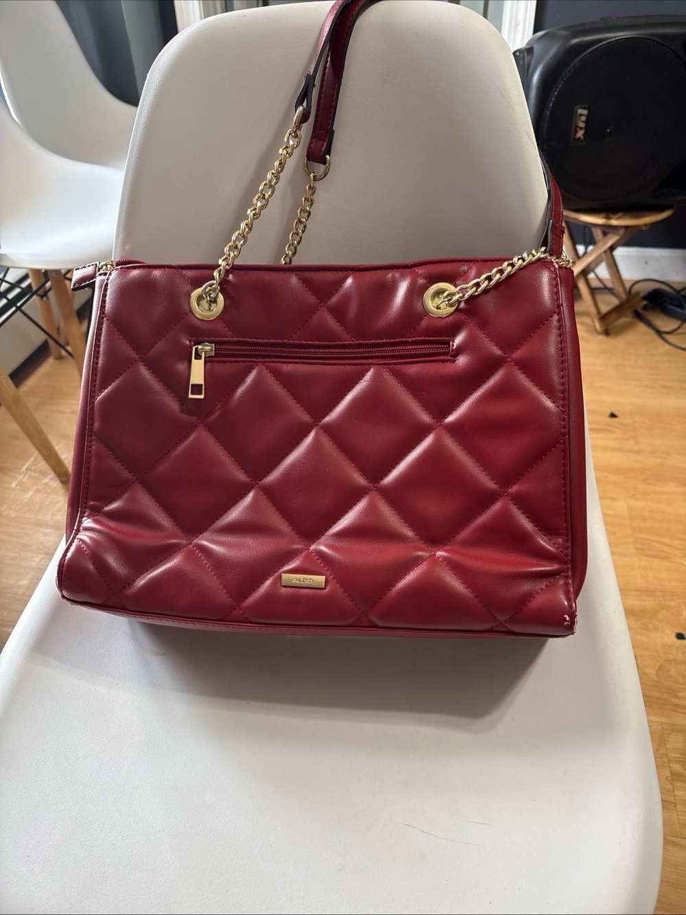 Aldo Quilted Burgundy Shoulder Tote with Gold Chain Straps